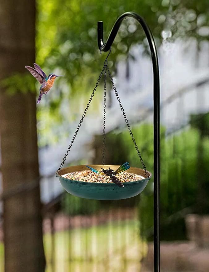 Hanging Birdbath Bird Feeder for Outdoor 11 Inch Green/Bronze Cute Metal Bird Bath Bowl with Detachable Black Chain Metal Dragonfly Backyard Birdbath Garden Decor
