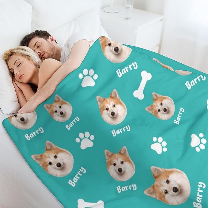Personalized Paw Print Dog Blanket with Pet Name Face-Custom Puppy Blankets with Picture for Dogs-Customized Dog Memorial Throw Fleece Blanket-Loss of Pets Supplies Sympathy Gift for Bed Sofa Travel