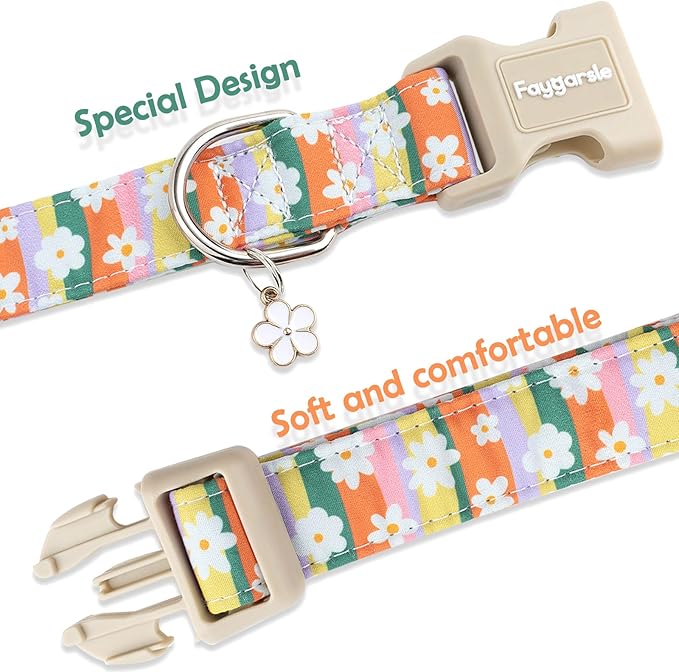Faygarsle Colorful Floral Dog Collar, Cotton Fabric with Daisy Pattern, Multi-Color Stripes Spring Summer Design for Small Medium Large Dogs L