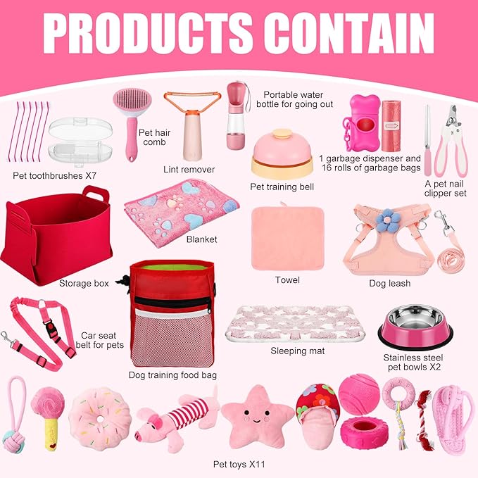 Abbylike 50 Pcs Puppy Supplies Starter Kit for Small Dogs Puppy Essentials Includes Leash, Bowls, Teeth Brushes, Water Bottle, and More Accessories for Dogs Pet Day Welcome Gift(Pink)