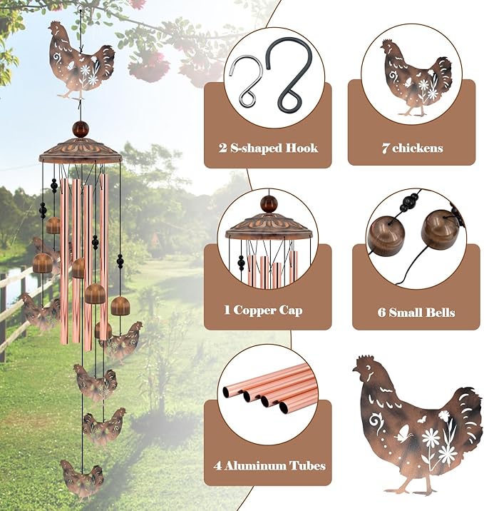 for Women Chicken Wind Chimes for Outside, 35'' Metal Chicken WindChimes Gifts for Women/Men, Decoration for Outdoor, Home, Garden, Patio, Backyard