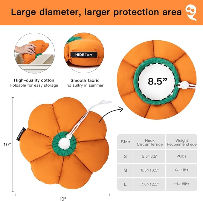 Cat Cone Collar,Cute Waterproof Recovery Collar,Anti-Bite Lick Wound Healing Safety Elizabethan e Collar for Cats,Orange Pumpkin Cat Halloween Costume