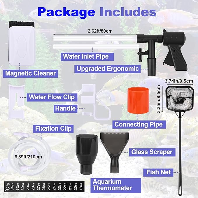 12pcs Fish Tank Cleaner Kit, Multi-Functional Aquarium Tank Vacuum Gravel Cleaning Tool Kit with Magnetic Glass Cleaner Accessories for Sand Siphon Washing and Water Changing