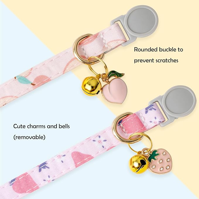 Faygarsle 2 Pack Breakaway Cat Collar with Bells for Female Girl Cats Cute Pink Collar with Peach Strawberry Charm Summer for Cats