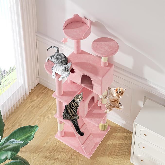 MoNiBloom 70 Inch Cat Tree Tower for Indoor Cats Large Adults, Tall Cat Tower with Scratching Post, Multi-Level Furniture Activity Center with Cat Condo Pet Play House, Soft Pink