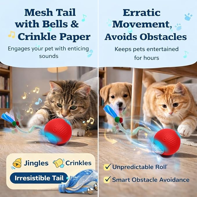 GlowPounce Interactive Rolling Ball Toy for Indoor Cats & Small Dogs – Motion-Activated Smart Moving Ball with LED Lights – Rechargeable Automatic Play Toy for Cats, Kittens & Puppies