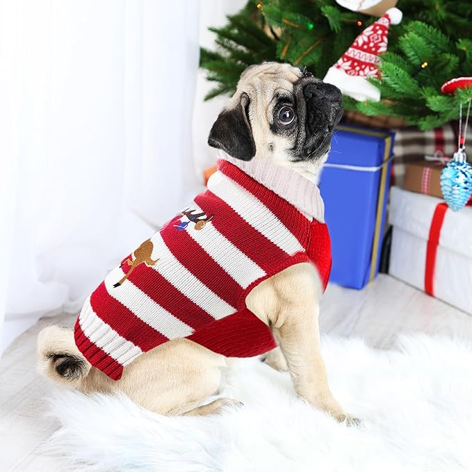Christmas Dog Sweaters Xmas Pet Outfits Striped Elk Costume Holiday Clothes Gifts Puppy Cat Knitted Jumpers (XL,Red White Stripe Elk)