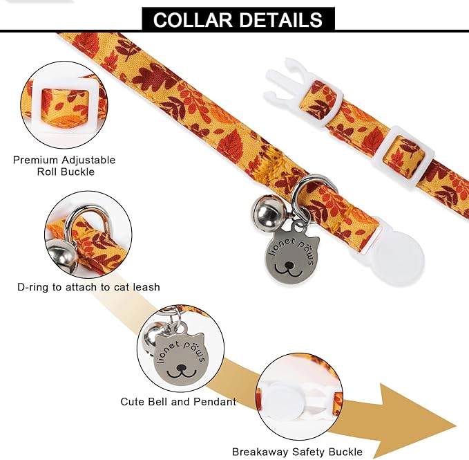 Lionet Paws 2pcs Pack Cotton Cat Collar,Breakaway Buckle with Purple Pumpkin, Red Leave and Brand Pendant Cute Adjustable Cat Kitten Collar,Ideal for Girl Cats Boy Cats