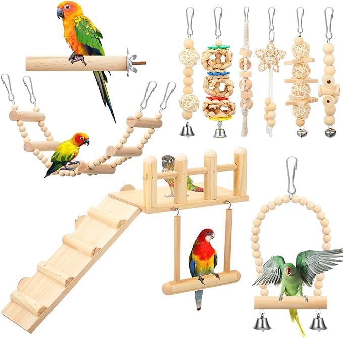 10 Pcs Bird Toys for Parakeets Cage Accessories Parrot Swing Toys and Wooden Perches Platform with Climbing Ladder for Chewing Standing Hanging Swinging Training Budgerigar Conure Cockatiel Finches