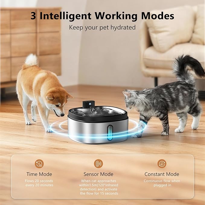 Wireless Cat/Dog Water Fountain 7L/236oz/1.8Gal, DRLWXYSJ Stainless Steel Battery Operated Cordless Automatic Pet Water Dispenser for Multi-Cats and Small to Large Dogs with Ultra Quiet Pump