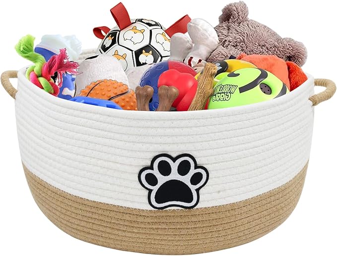 Dog Toy Basket,Large Dog Toy Storage Woven Rope Basket ,Dog Toy Bin with Comfortable Handles,for Dog Cat Storage Organizer,Blanket & Leash Storage,Toys,White & Brown