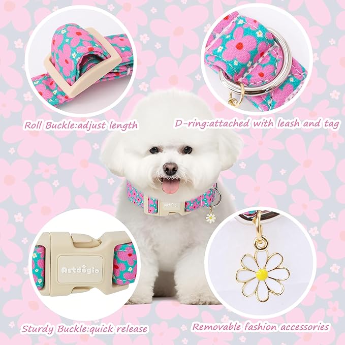 Cotton Floral Dog Collar,Green Dog Collar with Pink Flower, Adjustable Puppy Dog Collars for Small Medium Large, Cute Girl or Boy Dog Collar Ideal for Gifts,Pet Accessory,L
