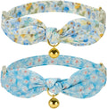 2 Pack Cotton Cat Collar, Removable Bowtie, Floral Pattern, Safety Breakaway Clasp, Adjustable for Cats.(Adult Cat, Blue Daisy and Floral)