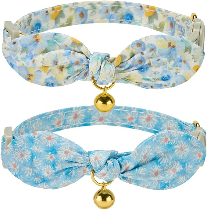 2 Pack Cotton Cat Collar, Removable Bowtie, Floral Pattern, Safety Breakaway Clasp, Adjustable for Cats.(Adult Cat, Blue Daisy and Floral)