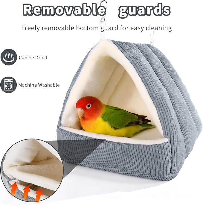 Large Winter Warm Bird House and Bird Bed for Cage with Soft Plush Hanging Hammock & Hut Tent, Hideaway Sleeping Nest for Macaws African Grey Amazon Parrots (Grey, L)