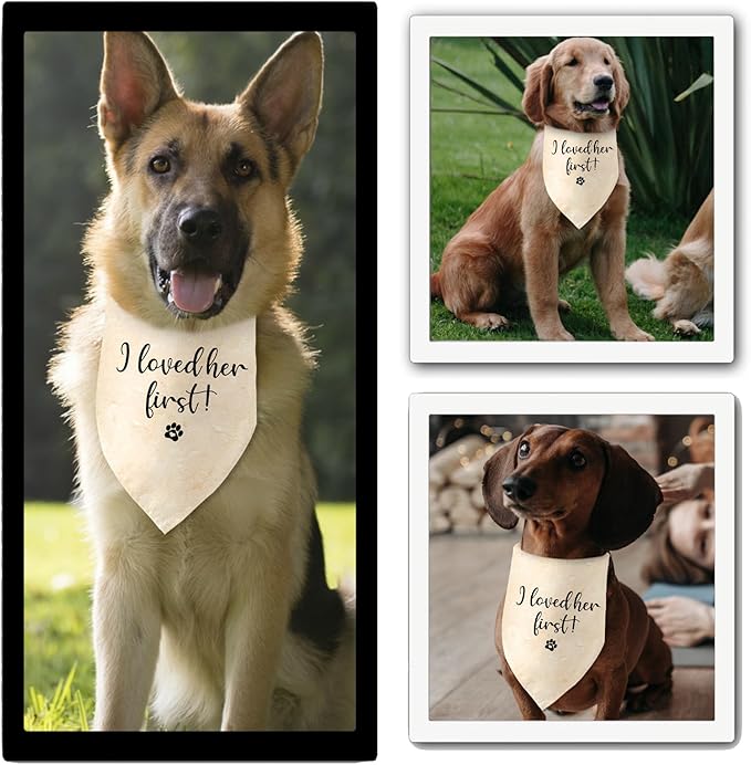 Engagement Gifts I Loved her First! Dog Bandana Pet Scarf Wedding Photo Prop Pet Accessories for Dog Lovers Owner Gift Engagement Party Bridal Shower Decorations