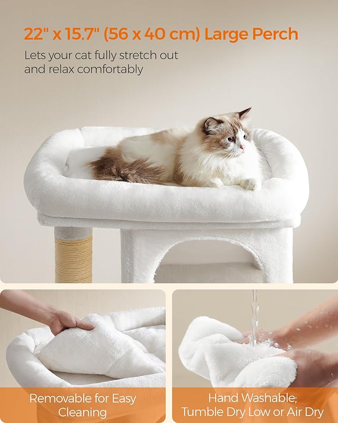 Feandrea Cat Tree, 33.1-Inch Cat Tower, Plush Condo for Large Cats up to 16 lb, Large Perch, 2 Caves, Scratching Post, Cream White UPCT061T01