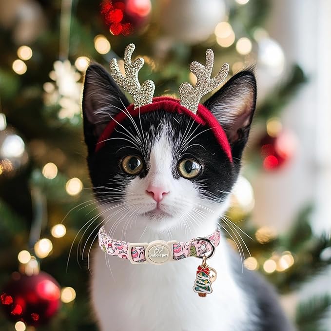 2 Pack Christmas Cat Collars - Breakaway Cat Collar with Bell, Christmas Tree and Reindeer Pendant, Winter Adjustable Kitten Collars for Girl Boy Cats, Pink Santa &Fair Isle