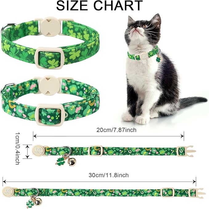 Cat Collar,2Pack St.Patrick's Day Kitten Collars Cute Shamrock Breakaway Kitty Collars,Spring Green Trefoil Cat Collar with Bell, Lucky Clover Kitten Collars for Girl & Boy Cats