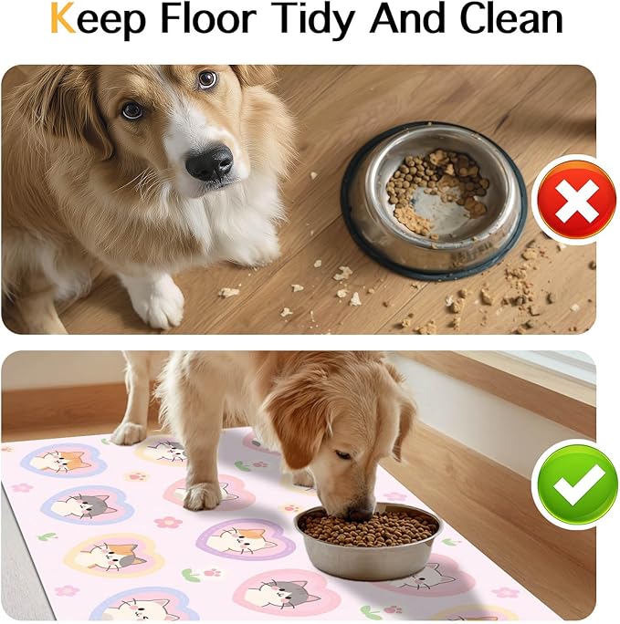 Cat Feedings Mats 20x12 inch Pink Heart Kitten Print Pet Bowl Placemat Non Slip Mat for Cats Food and Water Indoor Kitty Feeding Station Cute Cats Meal Mat for Small Pets Kitchen Floor Use