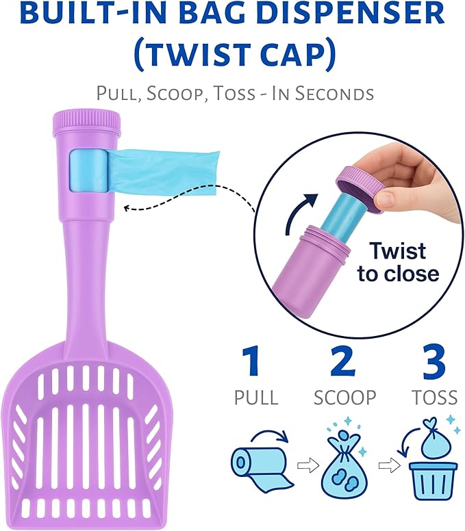 2-in-1 Pooper Scooper with Bag Attachment, Cat Litter Shovel Scoop with Bag, Built-in Dispenser, Includes Trash Roll, Rinse-Clean, Anti-Stick, Smart Sifter, Long Handle (Lilac)