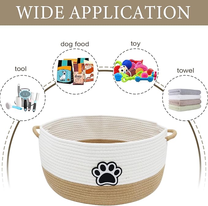 Dog Toy Basket,Large Dog Toy Storage Woven Rope Basket ,Dog Toy Bin with Comfortable Handles,for Dog Cat Storage Organizer,Blanket & Leash Storage,Toys,White & Brown