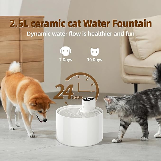 Ceramic Cat Water Fountain,Cat Water Fountain Cordless Battery Operated 78oz/2.3L with Motion SensorUltra Quiet Pump 4 Filter BPA-Free for Cats, Dogs, Multiple Pets