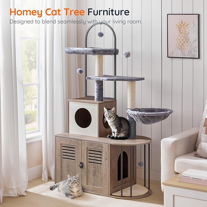 HOOBRO Cat Tree with Litter Box Enclosure, Arched All-in-One 31.5" Cat Tower with Hidden Litter Box Furniture for Indoor Cats, Versatile Cat Condo with Sisal Posts, Hammock, Greige and Gray BG45MZ03