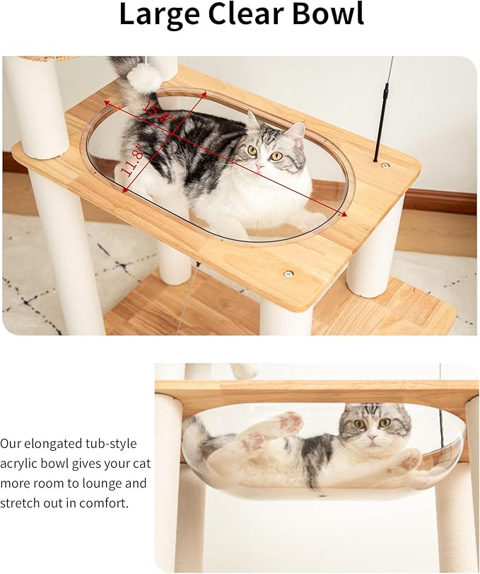 Wood Cat Tree for Large Cats, Modern Cat Tree Tower with Wide Shelves Cotton Scratching Posts, Super Sturdy Base, Cozy Perches, and Interactive Toys for Indoor Kittens