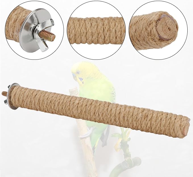 Hypeety Bird Perch Stand Natural Wood Parrot Hemp Rope Perch Birdcage Accessories Perch Standing Toy for Bird Parrot Macaw Cockatoo African Greys Budgies Parakeet 2Pcs (25cm/9.84in)