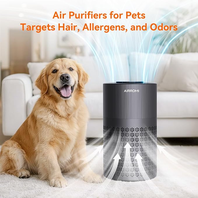 AIRROMI Air Purifier for Bedroom with HEPA 3-in-1 Filter, Pet Air Purifier for Home Cat Pee Smell, Covers Upto 990 Ft², Quiet 360°intake Air Cleaner for pet hair,allergies,Dust,Smoke A2001 Black