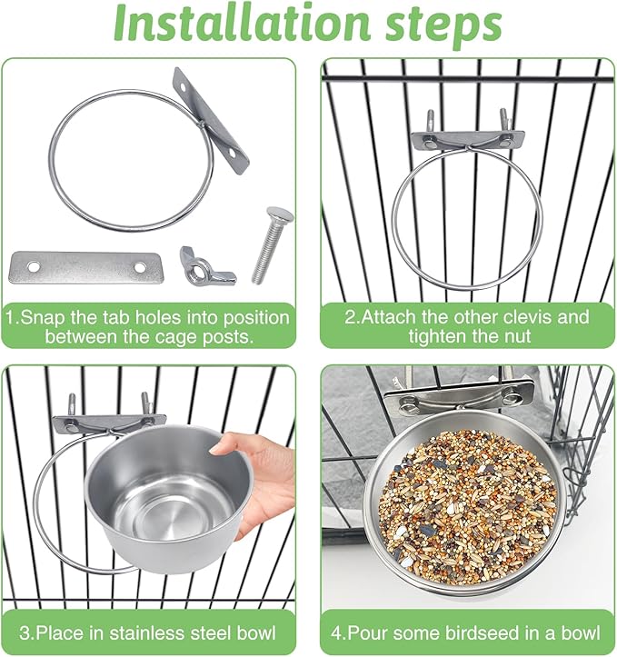 Tfwadmx 6 Pcs Stainless Steel Bird Bowls with Clamp,Clamp Holder Coop Cup,Bird Dishes for Cage, Cage Water Bowl for Cockatiels Lovebird Budgie Chinchilla