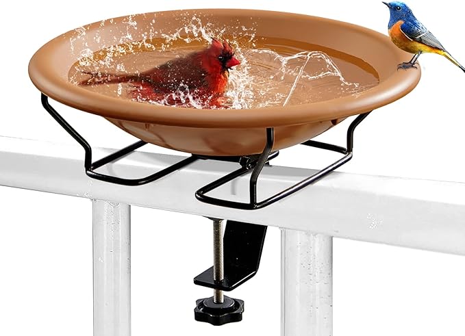 Bird Bath Deck Mounted 12 Inches, Deck Adjustable Steel Clamp 3.5 Inches, Balcony Railing Birdbaths Unheated(Brown)