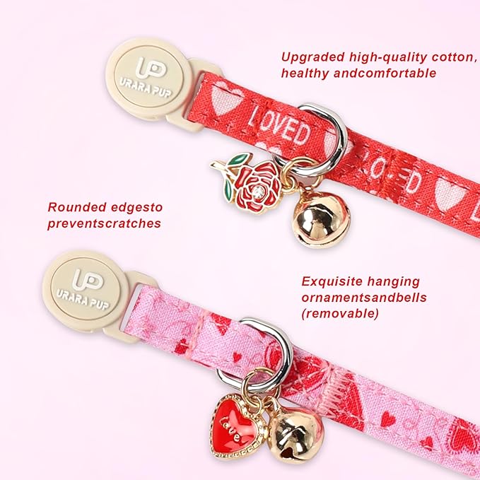 Cat Collar, 2 Pack Cat Collars Cute Breakaway Kitty Collar with Bell, Valentine's Day Kitten Collars Pink Hearts with Safety Buckle for Girl and Boy Cats
