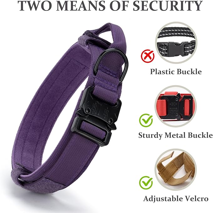 Tactical Dog Collar, Adjustable Military Training Nylon Dog Collar with Control Handle and Heavy Quick-Release Metal Buckle for Small Medium Large Dogs, Purple L