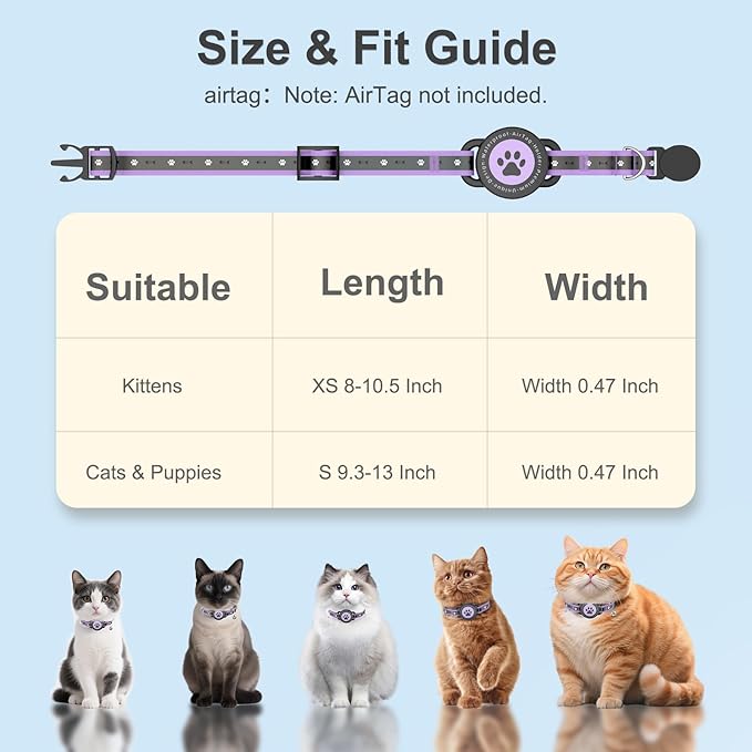 Airtag Cat Collar Breakaway, Reflective Cat Collar with AirTag Holder and Bell, Compatible with Apple Air Tag, Comfortable Padding, Adjustable, Durable (Purple, S)