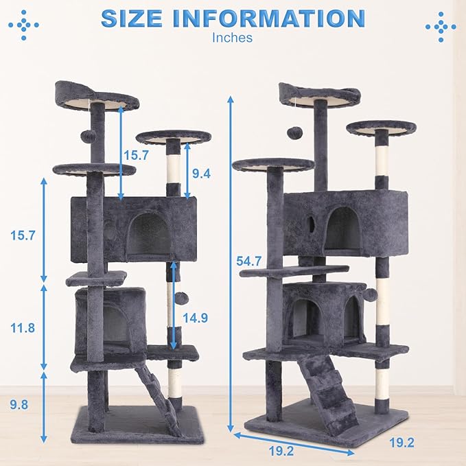 FDW | 54" Cat Tree Tower | Ashy | Multi-Level Indoor Activity Center with Sisal Scratching Posts, Condos, Plush Perches, Hanging Cat Toys | Sturdy, Easy to Assemble | for Kittens & Adult Cats