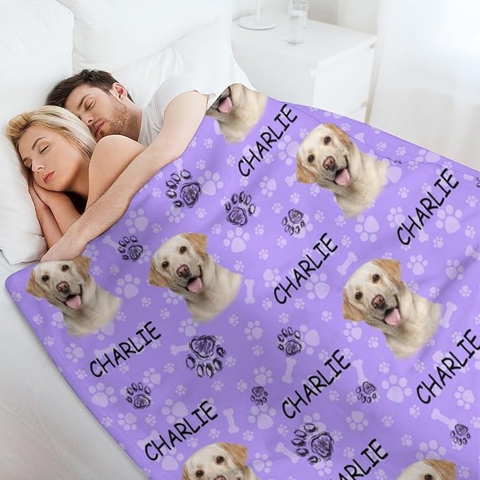 Personalized Paw Print Dog Blanket with Pet Name Face-Custom Puppy Blankets with Picture for Dogs-Customized Dog Memorial Throw Fleece Blanket-Loss of Pets Supplies Sympathy Gift for Bed Sofa Travel