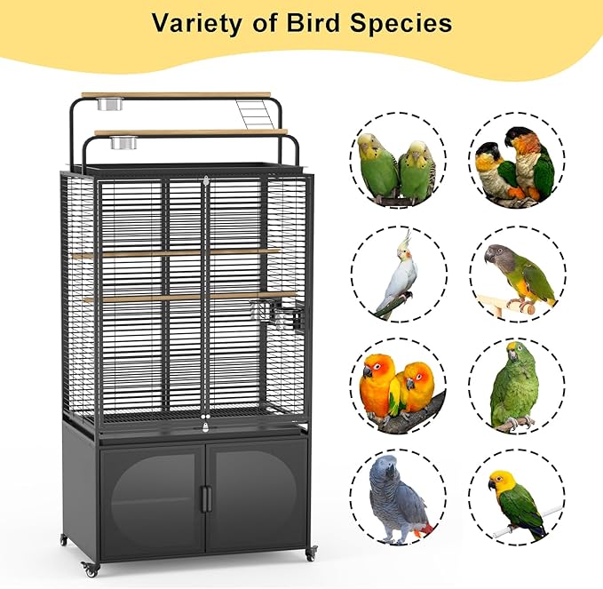GDLF 72-Inch Bird Cage with Play Top, Parakeet Cage with Rolling Storage Cabinet Extra Large with Cover for Parrot, Cockatiel, Budgie, Parrotlet, Green Cheek Conure