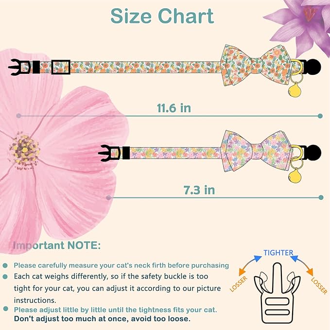 Faygarsle 2 Pack Cat Collar with Bell Breakaway Bowtie for Male Female Cats Pink Purple Flower Floral Spring Summer Cat Collar for Boy Girl Cats