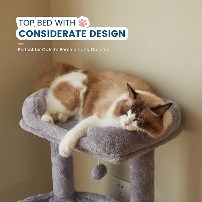 Cat Tree for Indoor Cats, 32 Inch Tall Cat Tower with Hammock, 2 Condos, Plush Perch & Sisal Scratching Posts, Multi-Level Kitten Activity Center for Small Medium Cats, Grey