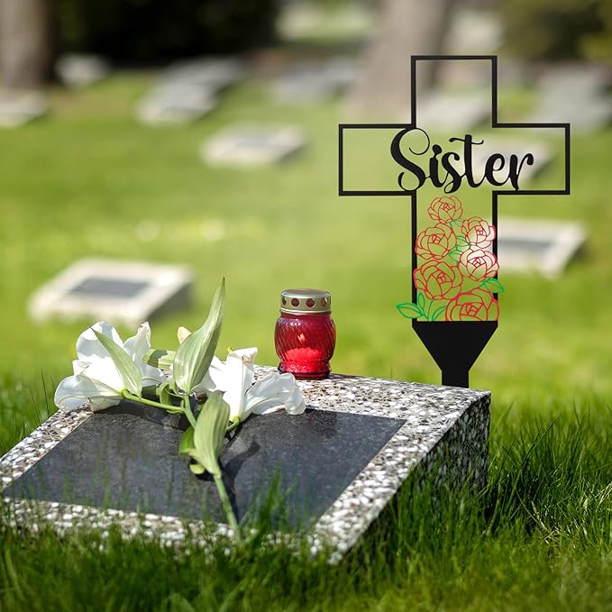 BUoonyer Sister Memorial Graves Markers Cemetery Decorations, Metal Cross Stakes Grave Stones Cemetery Headstones Decor, Girls Graveyard Remembrance Graveside Sign for Garden Outdoor Outside Yard