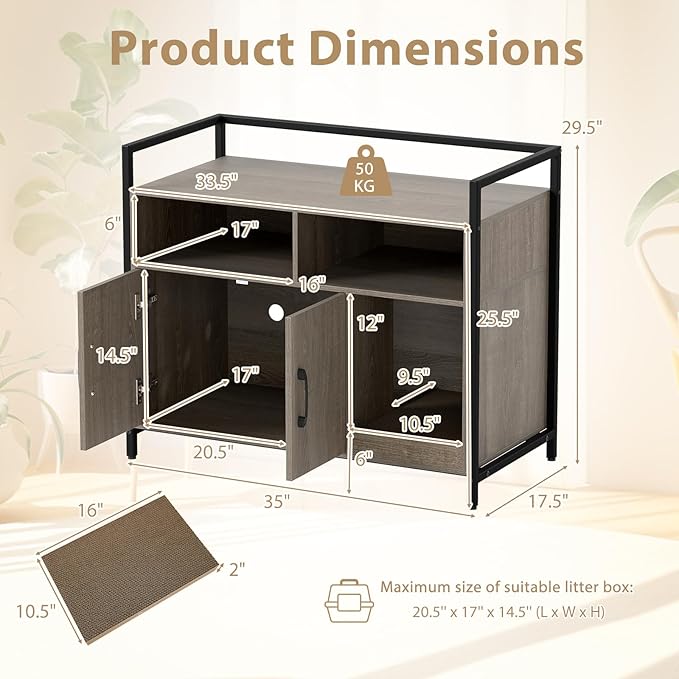 Giantex Cat Litter Box Enclosure - Cat Washroom Hidden Furniture with Front Entry, Scratcher, 2-Door Storage Cabinet, 2 Compartments, Air Vents, Metal Frame, Wooden Pet Crate House (Oak Gray)