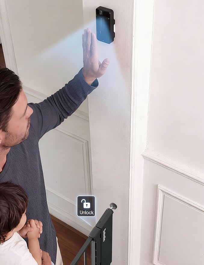 Babelio Smart Baby Gate with Auto-Unlock/Close, Pressure Mounted No Drill for Doorways/Top of Stairs. Pet/Dog Door Wide Walk Thru w/Infrared Sensor & Instant Safety Alert (Black, 30.3-47.2" W, 30" H)