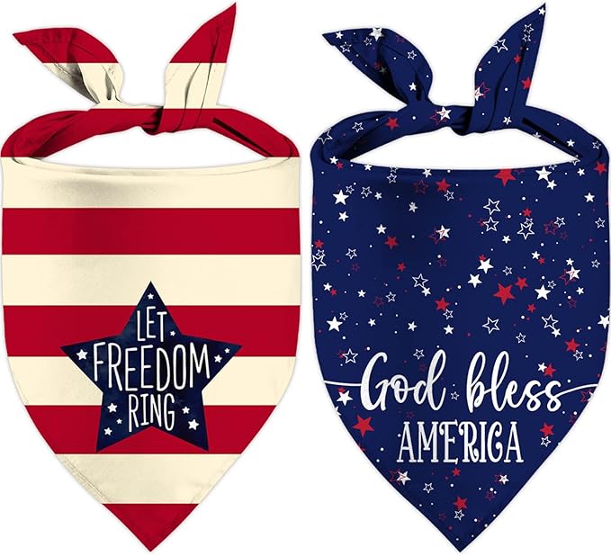 4th of July Dog Bandanas, Patriotic Party Pet Decorations 2 Pack, Adjustable Independence Day Holiday Bandana American Flag Triangle Bibs Cat Scarf Set