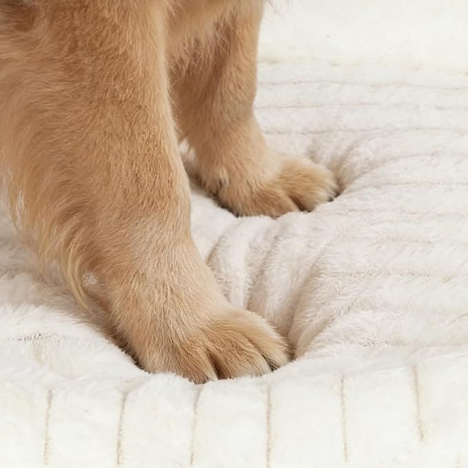 Orthopedic Dog Bed for Small Medium Dogs & Cats - Soft Furry Puppy Bed with Removable Washable Cover & Anti-Slip Bottom, Calming Rectangle Cat & Puppy Bed for Indoor Pets, 25x21x4inches, Cream