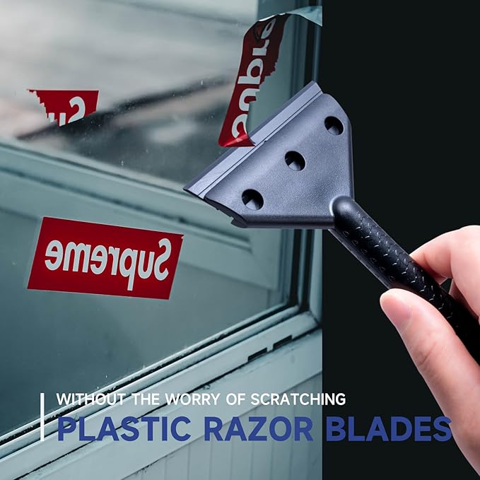 FOSHIO Long Handle Plastic Razor Blade Scraper - 10PCS Plastic Blades for Sticker, Label, Decal, Gasket, Residue Removal & Cleaning