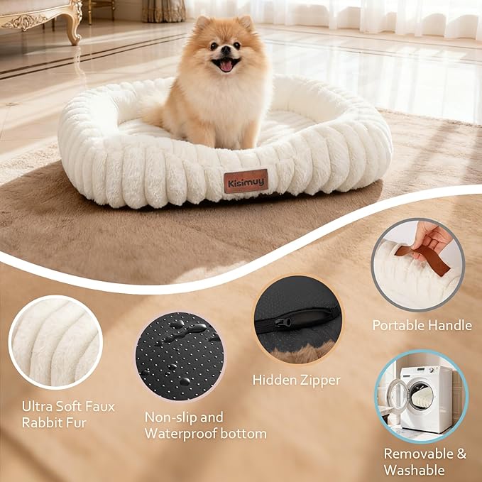 Dog Bed for Small & Medium Dogs – Calming Furry Puppy Bed with Washable Removable Cover, Anti-Slip Bottom & Orthopedic Support Foam, Rectangle Pet Cuddler for Indoor Cats/Dogs, 25"x21"x4", Cream
