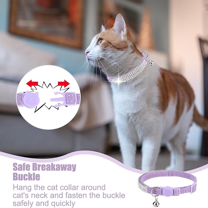 EXPAWLORER Soft Velvet Safe Cat Collars for Girl Cats - Rhinestones Adjustable Collars Breakaway- Chirstmas Cat Clollar Gifts with Bells for Boy Cats Kitty and Small Dogs(XS,Purple)