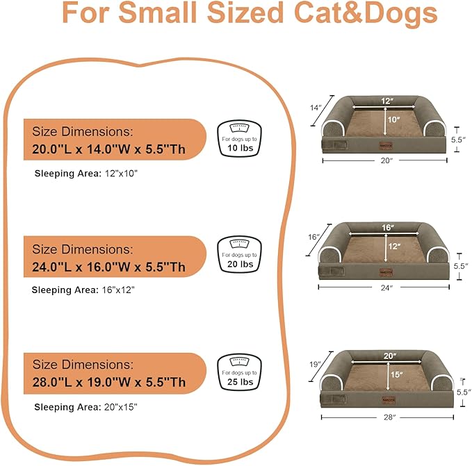 Small Dog Bed Orthopedic Washable: Beds Bolster Small Sized Dogs Bed Egg Crate Foam Couch Sofa Waterproof with Removable Cover - Brown